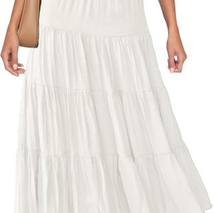 Women's  Summer Elastic High Waist Boho Maxi Skirt Casual Drawstring A Line Flowy Long Skirts
