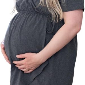 Labor and Delivery Gown, Black Cotton Birthing Gown Elastic Waistband, Ideal for Nursing/Skin-to-Skin Contact