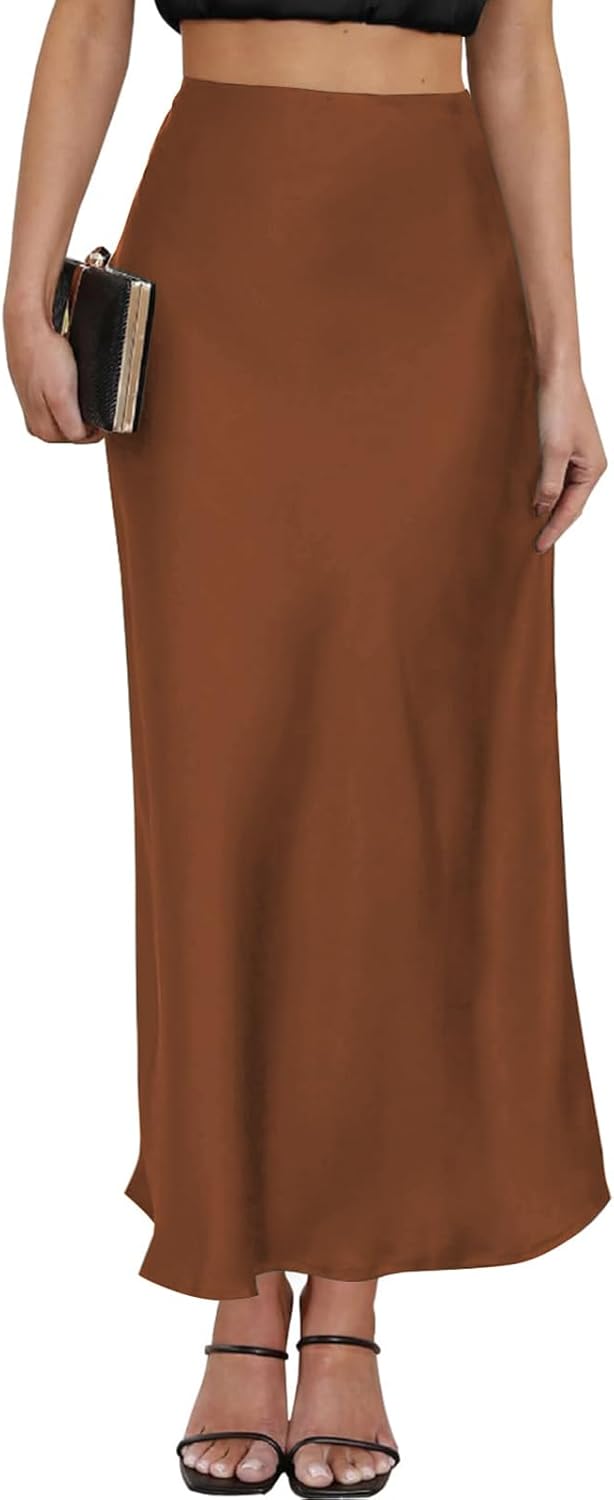 Women's Leopard Print Satin Maxi Skirt High Waisted Elastic Waistband Silk A-Line Casual Party Summer Long Skirts