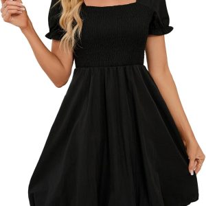 Women's Summer Bubble Dresses 2026 Trendy Casual Short Sleeves Square Neck Cute Aline Tiered Sundresses with Pockets