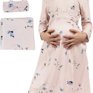 Women's Maternity Nursing Mommy Robe with Matching Swaddle Set, Pregnancy Hospital Labor Robes