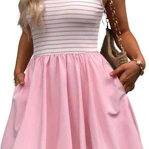 Women's Casual Bubble Mini Dress with Pockets Sleeveless Bubble Hem Striped Tank Short Dresses Summer