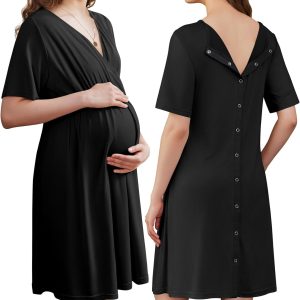 Labor and Delivery Gown for Hospital Short Sleeve Maternity Nursing Dress Nightgown with Button S-XXL