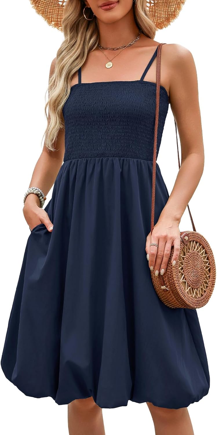 Womens Summer Smocked Sun Dress with Pockets 2026 Trendy Spaghetti Strap Boho Beach Casual Midi Bubble Dresses