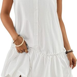 Womens Casual Summer Dresses Sleeveless Linen Bubble Mini Short Dress Button Down Shirt Sundress with Pockets