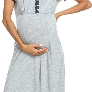 Women 3 in 1 Delivery/Labor/Maternity/Nursing Nightgown Short Sleeve Pleated Breastfeeding Sleep Dress(S-XXL)