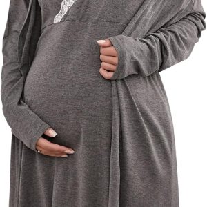 Women's Maternity Pajama Set V Neck Nursing Gown and Robe Sets Pregnancy Sleepwear
