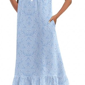 Cotton Nightgowns for Women Long Button Night Gowns Short Sleeve House Dress with Pockets Victorian Sleepwear
