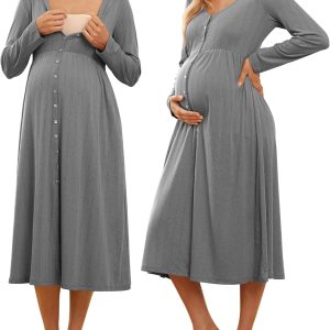 Cotton Blend Maternity Pajamas Nightgown Button Down Nursing Gown Labor Delivery Breastfeeding Dress with Pockets